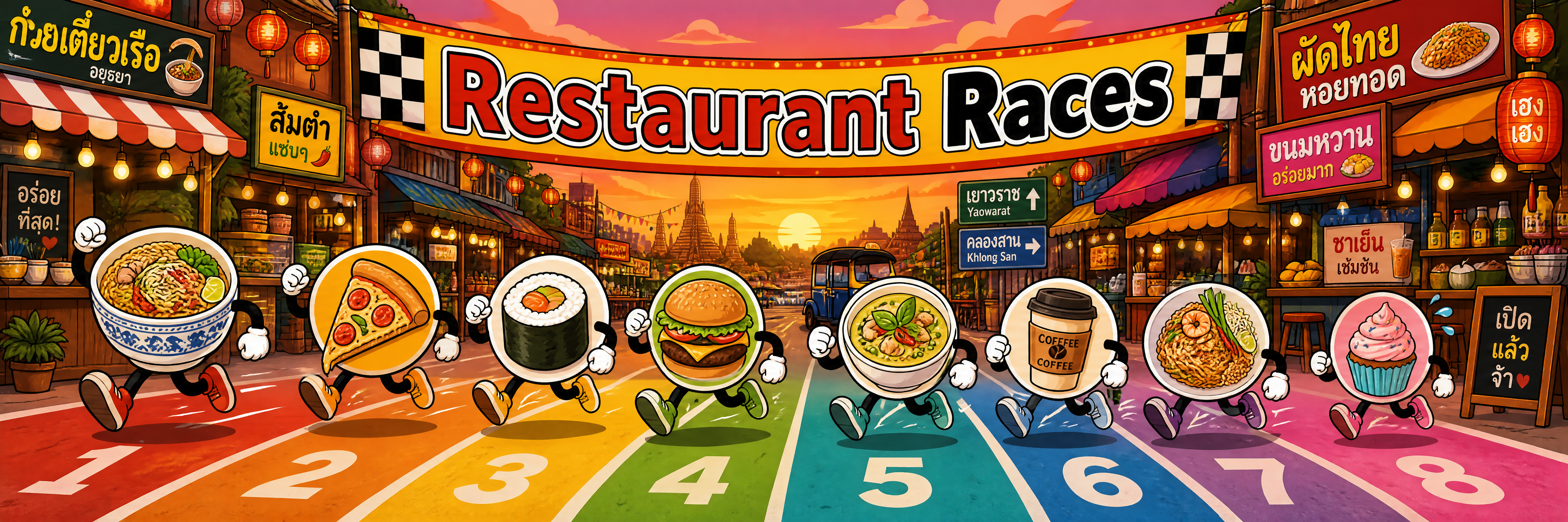Cartoon restaurant icons racing down a Bangkok street